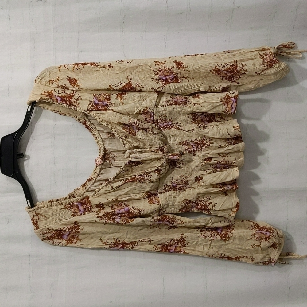Rabbit Rose Floral Cropped Peasant Long Sleeve Smocked Waist Top